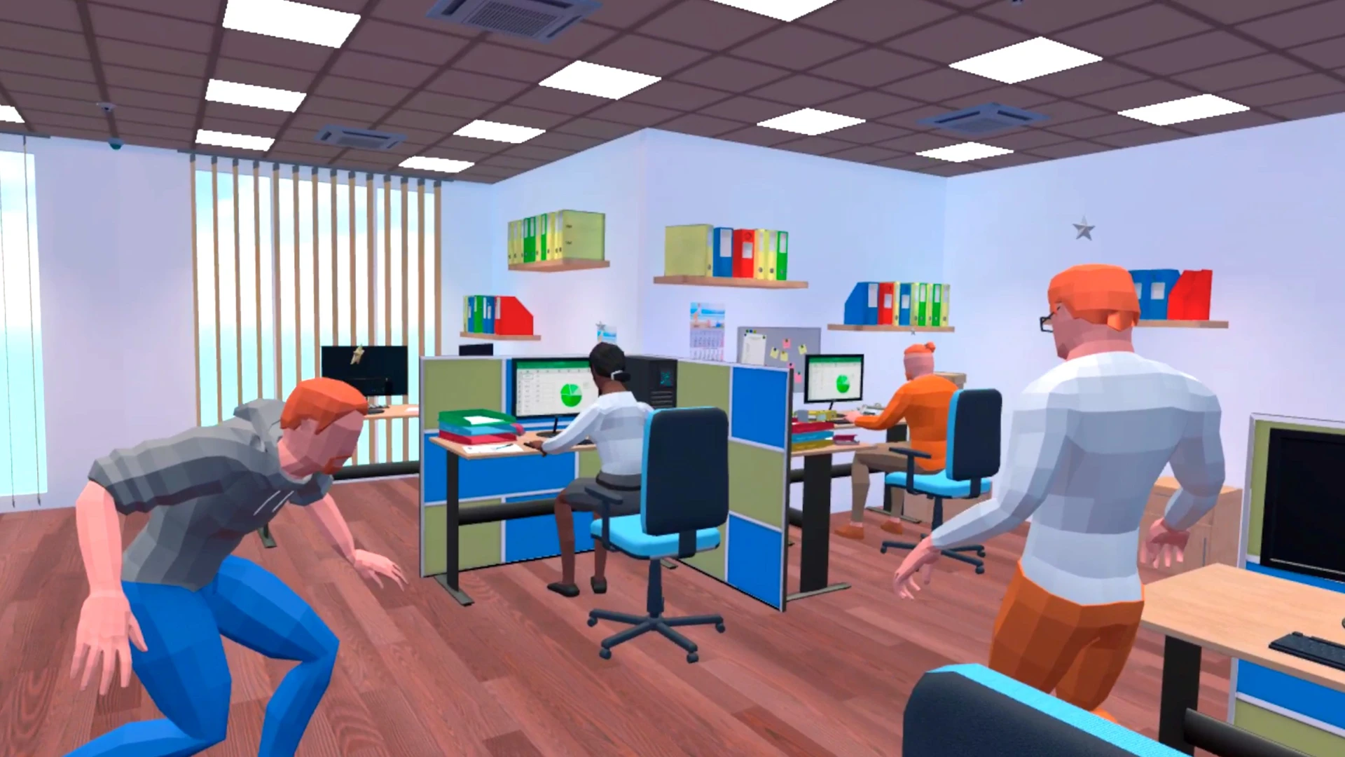 Employees working inside the Office Party office