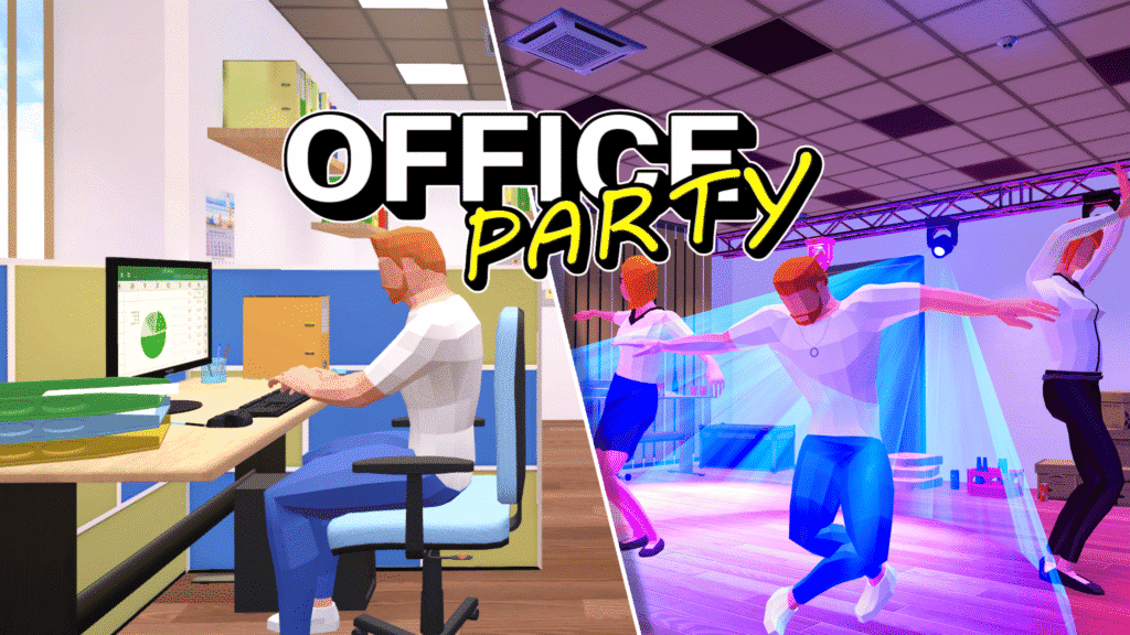 Office workers at work and on the dance floor in Office Party
