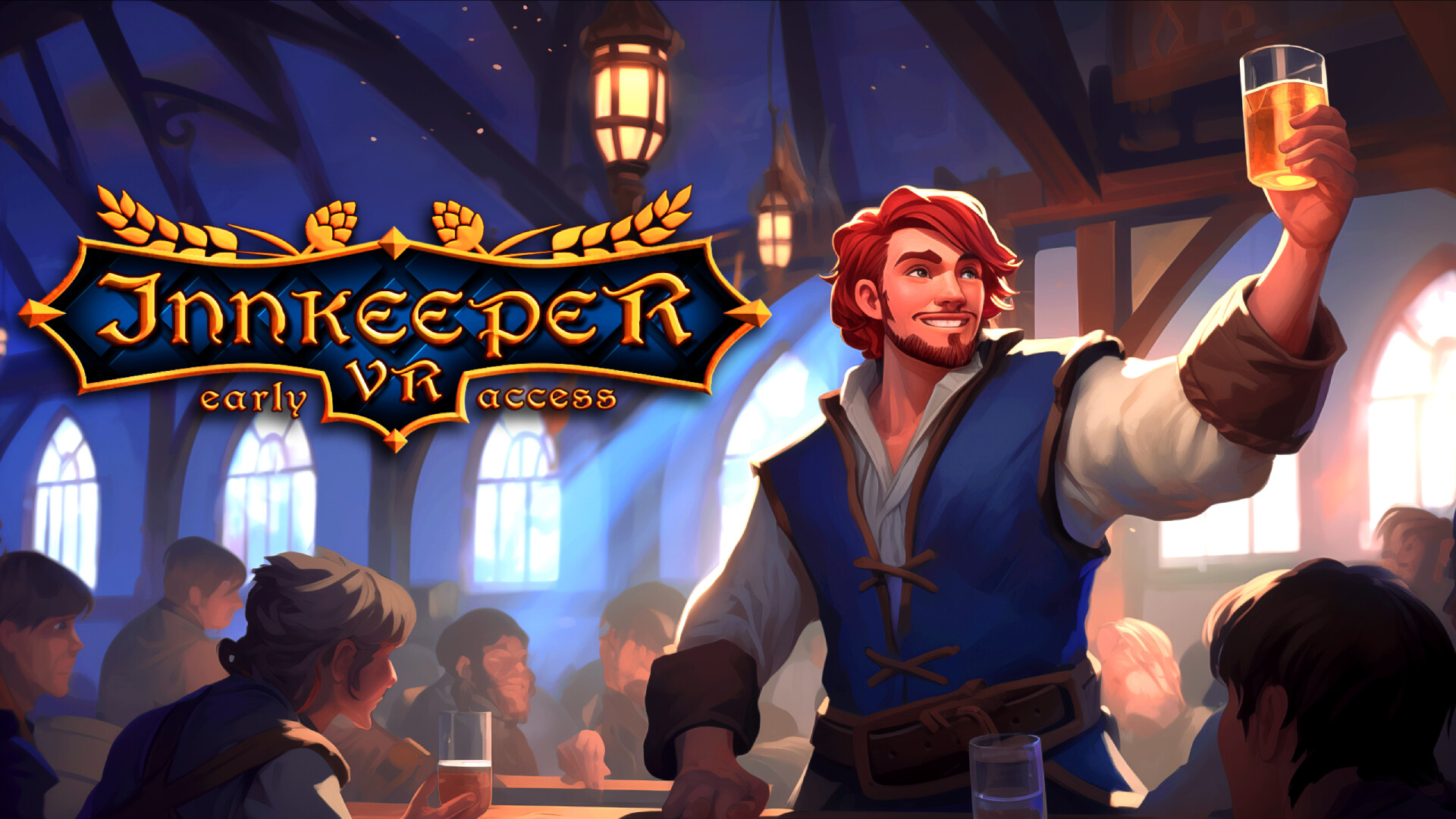 Innkeeper welcoming guests inside the tavern